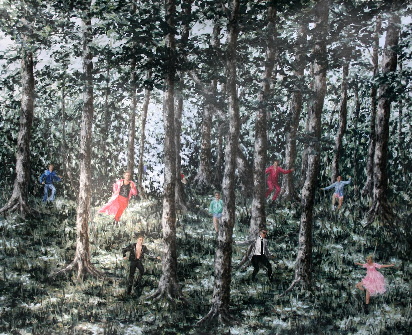 A painting of people running in the woods