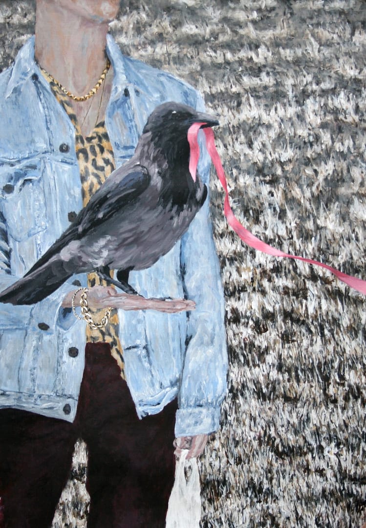 Clara Lundgrens painting depicts a crow perched on a hand.