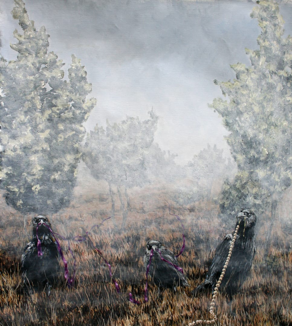 Three birds as the focal point against a backdrop of a hazy, mist-shrouded landscape.
